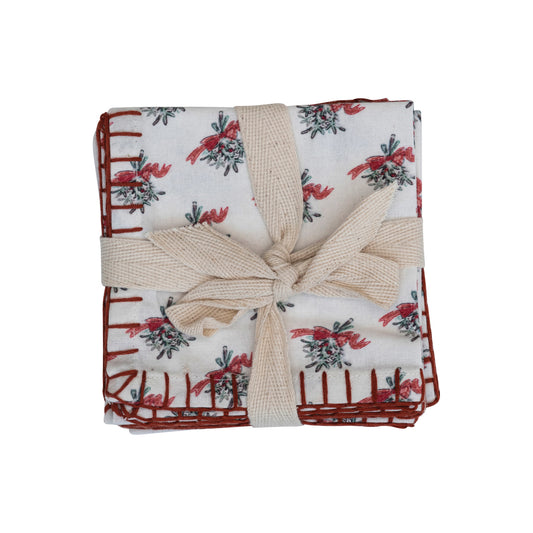 10&quot; Square Cotton Printed Cocktail Napkins w/ Mistletoe Pattern &amp; Blanket Stitch, Set of 4