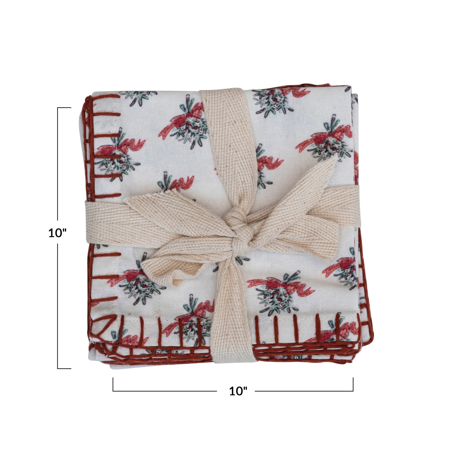 10&quot; Square Cotton Printed Cocktail Napkins w/ Mistletoe Pattern &amp; Blanket Stitch, Set of 4