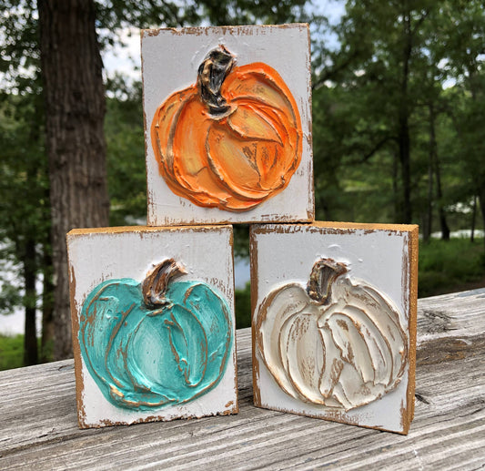 Pumpkin Fall handmade hand painted textured wood blocks