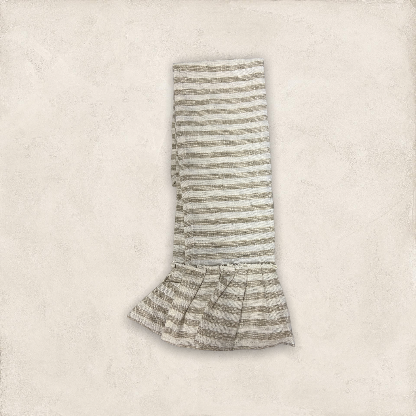 Striped tea towel with ruffle taupe