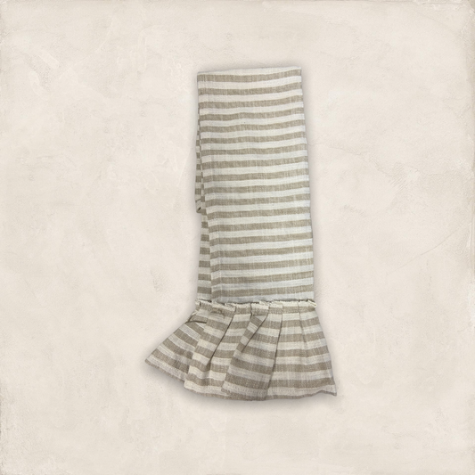 Striped tea towel with ruffle taupe